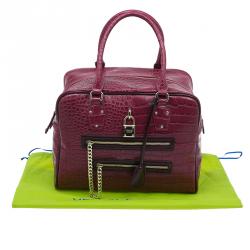 Pre Owned Versace Jeans Burgundy Croc Embossed Leather Bowling Bag