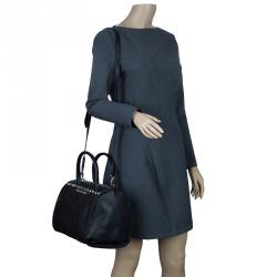 Pre Owned Versace Jeans Black Pebbled Leather Crystal Studs Bowling Bag
