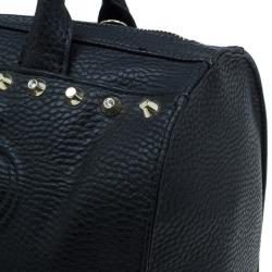 Pre Owned Versace Jeans Black Pebbled Leather Crystal Studs Bowling Bag