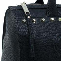 Pre Owned Versace Jeans Black Pebbled Leather Crystal Studs Bowling Bag