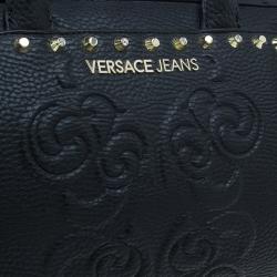 Pre Owned Versace Jeans Black Pebbled Leather Crystal Studs Bowling Bag