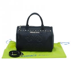 Pre Owned Versace Jeans Black Pebbled Leather Crystal Studs Bowling Bag