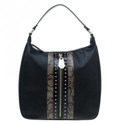 Versace Jeans Black Leather and Python Large Zip Studs Hobo