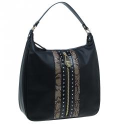 Versace Jeans Black Leather and Python Large Zip Studs Hobo