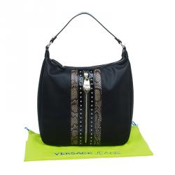 Versace Jeans Black Leather and Python Large Zip Studs Hobo