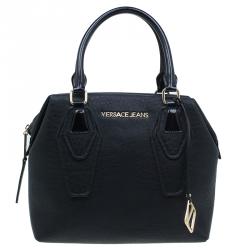 Pre Owned Versace Jeans Black Crinkled Leather Logo Charm Tote