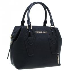 Pre Owned Versace Jeans Black Crinkled Leather Logo Charm Tote