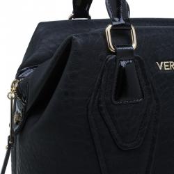 Pre Owned Versace Jeans Black Crinkled Leather Logo Charm Tote