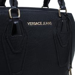 Pre Owned Versace Jeans Black Crinkled Leather Logo Charm Tote