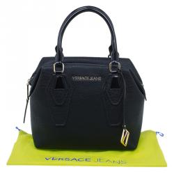 Pre Owned Versace Jeans Black Crinkled Leather Logo Charm Tote