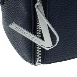 Versace Jeans Navy Blue Pebbled Leather Bowling Bag