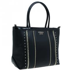 Pre Owned Versace Jeans Black Leather Large Chain Embellished Shopping Tote