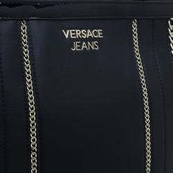 Pre Owned Versace Jeans Black Leather Large Chain Embellished Shopping Tote