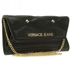 Pre Owned Versace Jeans Black Leather Diamond Stud Fold Over Wallet on Chain Bag