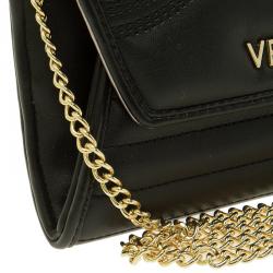 Pre Owned Versace Jeans Black Leather Diamond Stud Fold Over Wallet on Chain Bag
