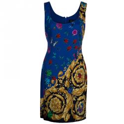 Pre Owned Versace Blue Floral Baroque Print Sleeveless Dress M