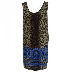 Pre Owned Versace Blue Animal Print Sleeveless Silk Dress M