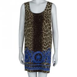 Pre Owned Versace Blue Animal Print Sleeveless Silk Dress M