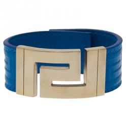 Pre Owned Versace Blue Leather Gold Tone Bracelet