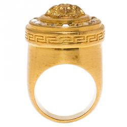 Versace Icon Medusa Crystal Studded Gold Tone Ring Size 54