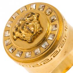 Versace Icon Medusa Crystal Studded Gold Tone Ring Size 54