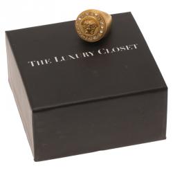 Versace Icon Medusa Crystal Studded Gold Tone Ring Size 54