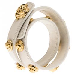 Pre Owned سوار فيرساتشي ملتف جلد أبيض مرصع لون ذهبي ميدوسا