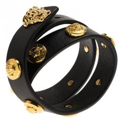 Versace Icon Medusa Stud Gold Tone Black Leather Wrap Bracelet