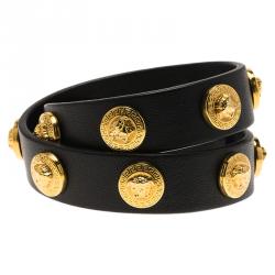 Versace Icon Medusa Stud Gold Tone Black Leather Wrap Bracelet