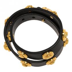 Versace Icon Medusa Stud Gold Tone Black Leather Wrap Bracelet