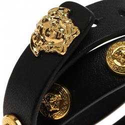 Versace Icon Medusa Stud Gold Tone Black Leather Wrap Bracelet