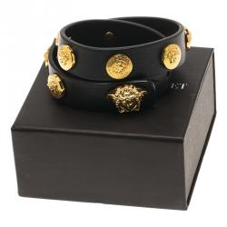 Versace Icon Medusa Stud Gold Tone Black Leather Wrap Bracelet