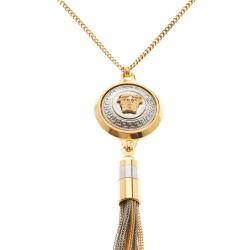 Pre Owned Versace Medusa Tassel Two Tone Pendant Necklace