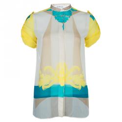 Pre Owned Versace Multicolor Print Sleeve Tab Detail Silk Blouse S