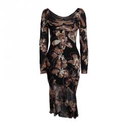 Pre Owned Versace Black Floral Printed Silk Ruffle Bottom Midi Dress S
