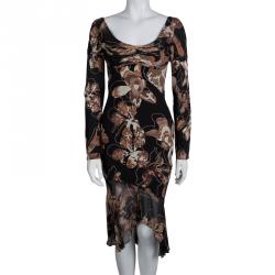 Pre Owned Versace Black Floral Printed Silk Ruffle Bottom Midi Dress S