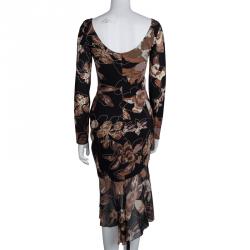 Pre Owned Versace Black Floral Printed Silk Ruffle Bottom Midi Dress S