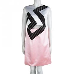 Pre Owned Versace Pink and White Colorblock Mesh Insert Sleeveless Cocktail Dress M