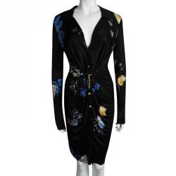 Pre Owned فستان فيرساتشي كولكشن أسود مطبوع برباط مزين أكمام طويلة M