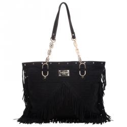 Pre Owned Versace Black Suede Fringe Tote
