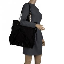 مملوكة مسبقًا Versace Black Suede Fringe Tote
