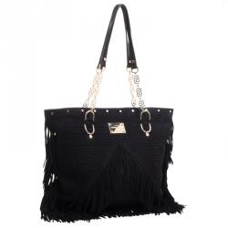 مملوكة مسبقًا Versace Black Suede Fringe Tote