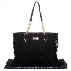 مملوكة مسبقًا Versace Black Suede Fringe Tote