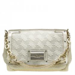 Versace Gold Embossed Leather Flap Shoulder Bag