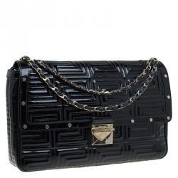 مملوكة مسبقًا حقيبة كتف فيرساتشي كوتور جلد لامعة مبطنة سوداء