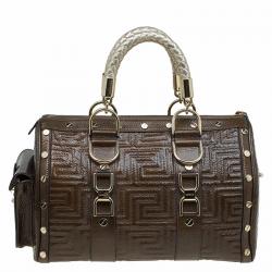 Versace Brown Quilted Patent Leather Snap Out Of It Satchel