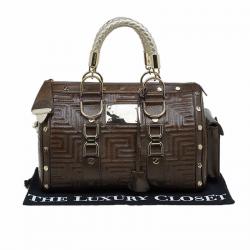 Versace Brown Quilted Patent Leather Snap Out Of It Satchel