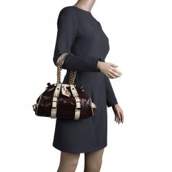 Pre Owned Versace Brown/Cream Croc Embossed Leather Madonna Boston Bag