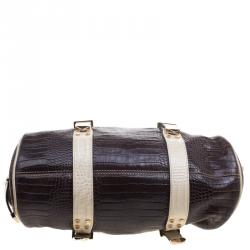 Pre Owned Versace Brown/Cream Croc Embossed Leather Madonna Boston Bag
