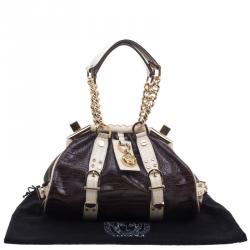 Pre Owned Versace Brown/Cream Croc Embossed Leather Madonna Boston Bag